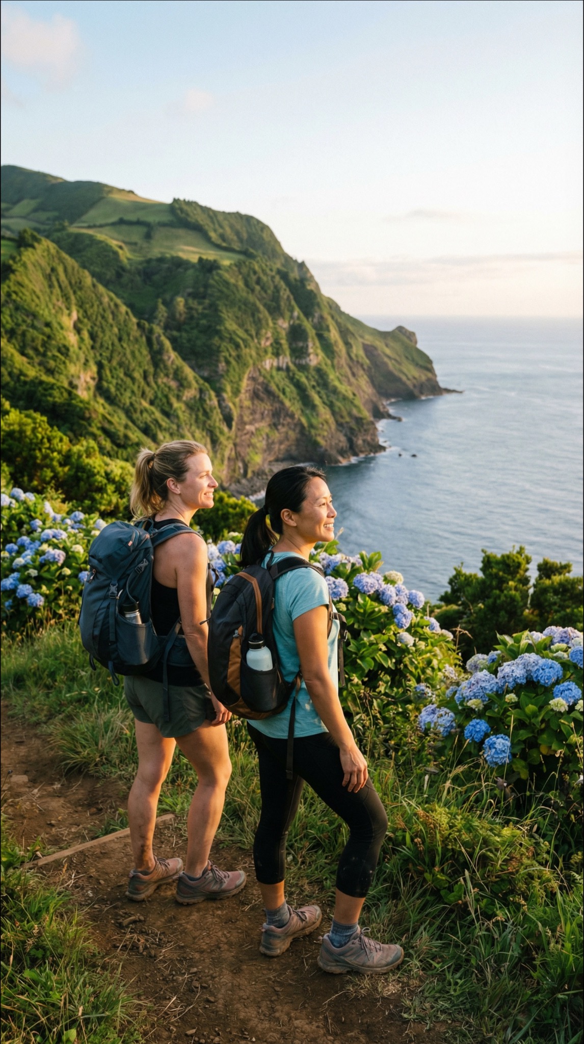 Women hiking on mountain with cloud sea view
